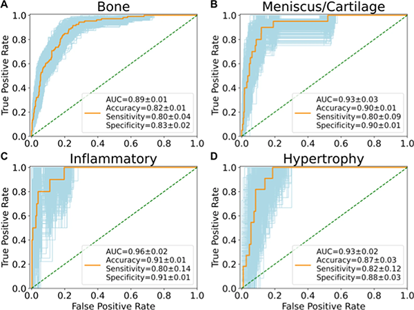 Receiver operating characteristic curves for knees from testing set