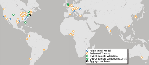 Map of the 71 institutions around the world that participated in the FeTS initiative.