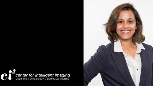 Left side is a black background with UCSF ci2 logo and right side is a headshot of a woman wearing a white shirt and a grey suit jacket, against a white background 